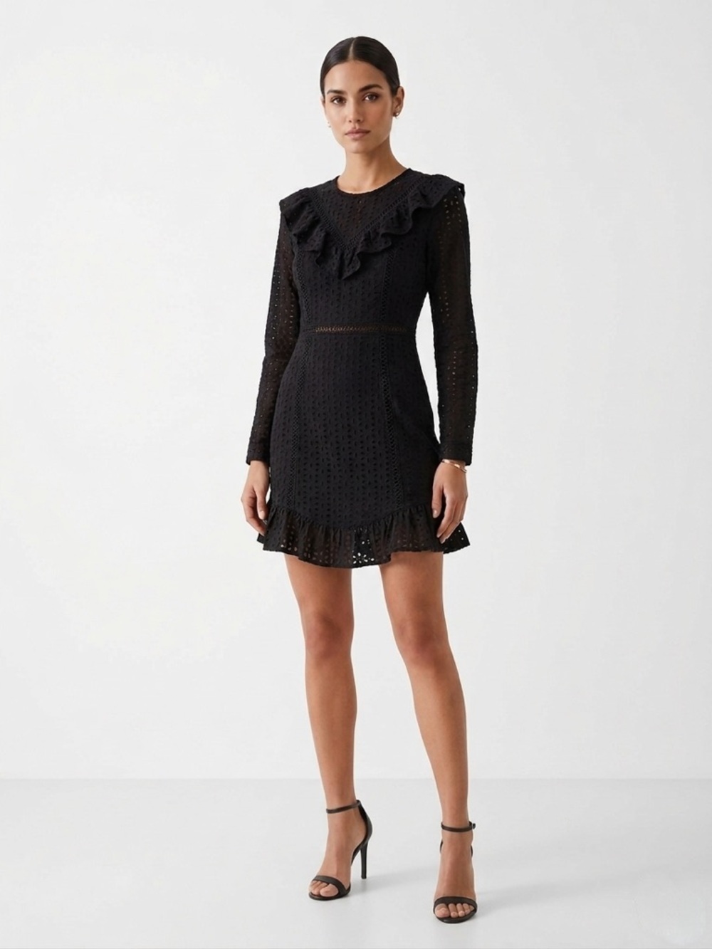 PLT Black Eyelet Lace Long-Sleeve Ruffle Mini Cocktail Dress Size 6 Minimalist